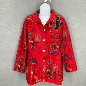 Chico's Silk Embroidery Jacket Button Up Sz M Abstract Art Bold Southwestern